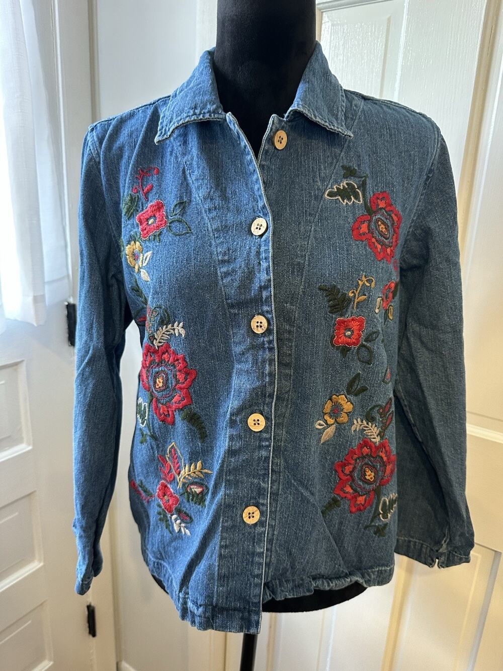 Vintage Christopher & Banks Jean Shirt Jacket Colorful Floral Embroidery Small